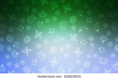 Light Blue, Green vector background with tasty food. Blurred decorative design of snacks in doodle style. Pattern for ad, booklets, leaflets of restaurants.