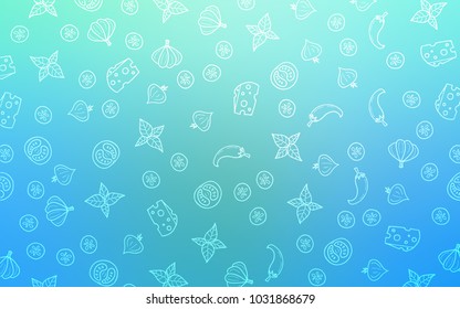 Light Blue, Green vector background with tasty food. Illustration with set of fresh food in doodle style. Template for meal cooking in kitchen.