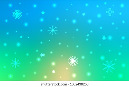 Light Blue, Green vector background with xmas snowflakes. Snow on blurred abstract background with gradient. The pattern can be used for new year ad, booklets.