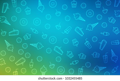 Light Blue, Green vector background with tasty sweets. Decorative shining illustration with sweets on abstract template. Design for ad, poster, banner of cafes or restaurants.