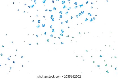 Light Blue, Green vector background with Euro, Dollar, Yen. Colored symbols of all currency on white background. Template for ads of markets, loans.