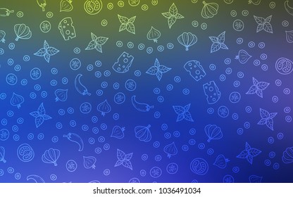 Light Blue, Green vector background with tasty food. Blurred decorative design of snacks in doodle style. Doodle design for your business advert of cafes.