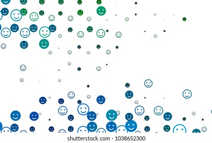 Light Blue, Green vector background with funny smiles. Glitter abstract sketch with smiley, icons. Beautiful design for your business advert.
