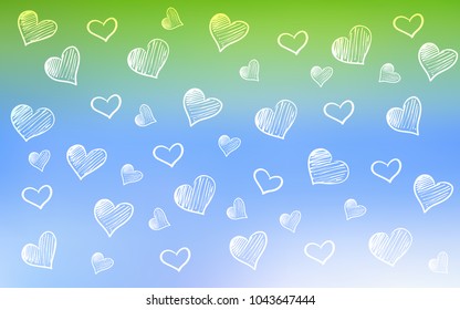 Light Blue, Green vector background with hearts. Glitter abstract illustration with colorful hearts in romantic style. Template for Valentine's greeting postcards.