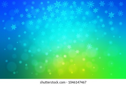 Light Blue, Green vector background with xmas snowflakes. Blurred decorative design in xmas style with snow. The pattern can be used for new year leaflets.