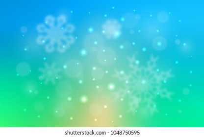 Light Blue, Green vector background with xmas snowflakes. Decorative shining illustration with snow on abstract template. New year design for your ad, poster, banner.