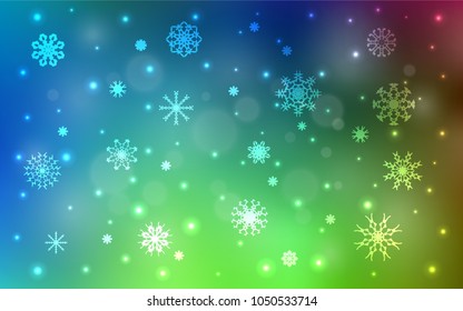 Light Blue, Green vector background with xmas snowflakes. Decorative shining illustration with snow on abstract template. The template can be used as a new year background.