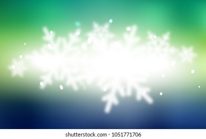 Light Blue, Green vector background with xmas snowflakes. Blurred decorative design in xmas style with snow. The pattern can be used for new year leaflets.
