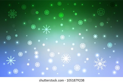 Light Blue, Green vector background with xmas snowflakes. Modern geometrical abstract illustration with crystals of ice. New year design for your business advert.