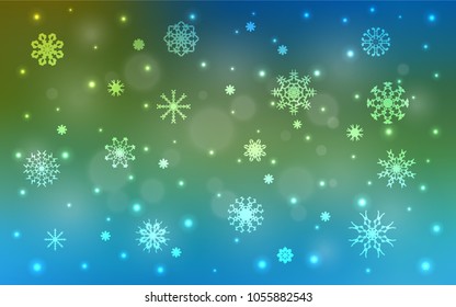 Light Blue, Green vector background with xmas snowflakes. Decorative shining illustration with snow on abstract template. New year design for your business advert.