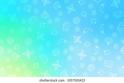 Light Blue, Green vector background with tasty food. Glitter abstract sketch with gourmet food. Pattern for ads of breakfast, lunch, dinner.