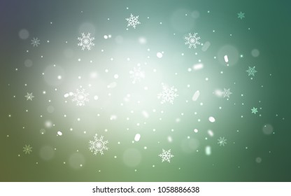 Light Blue, Green vector background with xmas snowflakes. Shining colored illustration with snow in christmas style. The pattern can be used for year new  websites.