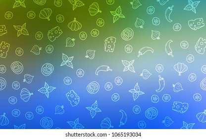 Light Blue, Green vector background with tasty food. Fast Food on blurred abstract background with colorful gradient. Template for meal cooking in kitchen.