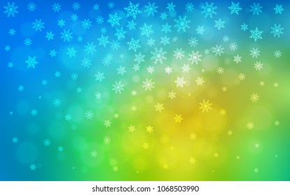 Light Blue, Green vector background with xmas snowflakes. Snow on blurred abstract background with gradient. The pattern can be used for year new  websites.