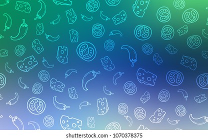 Light Blue, Green vector background with tasty food. Illustration with set of fresh food in doodle style. Template for meal cooking in kitchen.