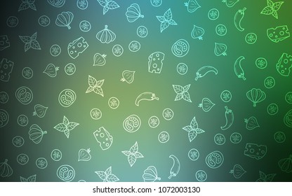 Light Blue, Green vector background with tasty food. Glitter abstract sketch with gourmet food. Template for meal cooking in kitchen.