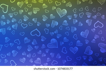 Light Blue, Green vector background with hearts. Blurred decorative design in doodle style with hearts. Pattern for marriage gifts, congratulations.