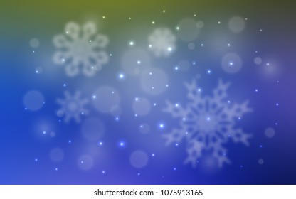 Light Blue, Green vector background with xmas snowflakes. Snow on blurred abstract background with gradient. The pattern can be used for new year ad, booklets.