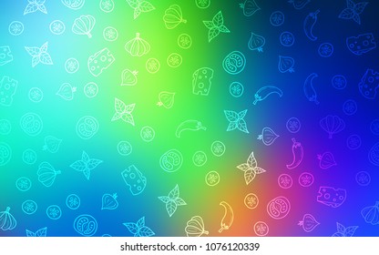 Light Blue, Green vector background with tasty food. Glitter abstract sketch with gourmet food. Template for meal cooking in kitchen.