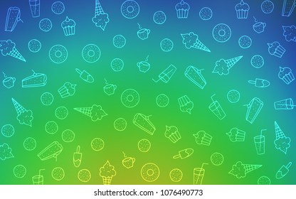 Light Blue, Green vector background with tasty sweets. Beautiful colored illustration with candies in doodle style. Pattern for ads of breakfast, lunch, dinner.