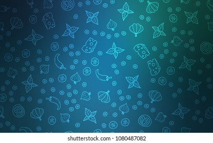 Light Blue, Green vector background with tasty food. Blurred decorative design of snacks in doodle style. Doodle design for your business advert of cafes.