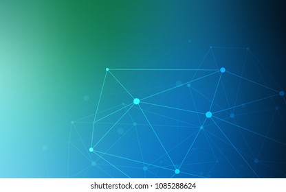 Light Blue, Green vector background with bubbles, lines. Glitter abstract illustration with connection of triangle structure. Completely new template for your brand book.