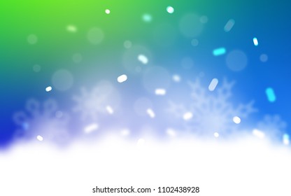 Light Blue, Green vector background with xmas snowflakes. Snow on blurred abstract background with gradient. The template can be used as a new year background.