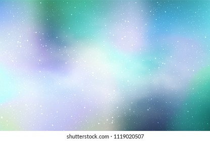 Light Blue, Green vector background with galaxy stars. Shining illustration with sky stars on abstract template. Pattern for futuristic ad, booklets.