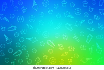 Light Blue, Green vector background with tasty sweets. Decorative shining illustration with sweets on abstract template. Pattern for ad, booklets, leaflets of restaurants.