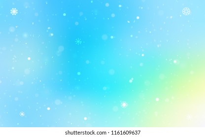 Light Blue, Green vector background with xmas snowflakes. Shining colored illustration with snow in christmas style. The pattern can be used for new year leaflets.