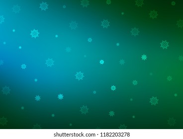 Light Blue, Green vector background with xmas snowflakes. Snow on blurred abstract background with gradient. The template can be used as a new year background.