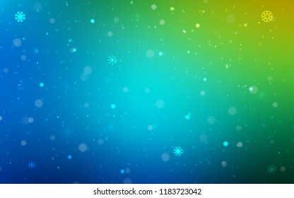 Light Blue, Green vector background with xmas snowflakes. Glitter abstract illustration with crystals of ice. New year design for your business advert.