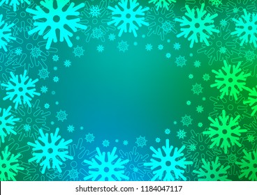 Light Blue, Green vector background with xmas snowflakes. Shining colored illustration with snow in christmas style. New year design for your ad, poster, banner.