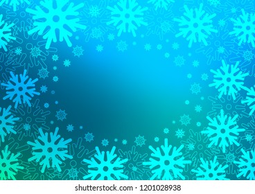 Light Blue, Green vector background with xmas snowflakes. Shining colored illustration with snow in christmas style. The template can be used as a new year background.
