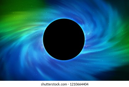 Light Blue, Green vector background with a black hole, sky. Colorful black hole with shining night sky stars. Pattern for posters, banners of sales.