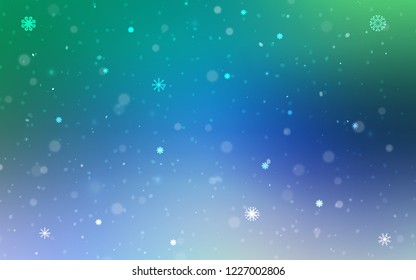 Light Blue, Green vector background with xmas snowflakes. Decorative shining illustration with snow on abstract template. The pattern can be used for new year leaflets.