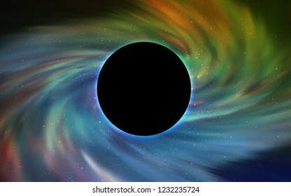 Light Blue, Green vector background with a black hole, sky. Abstract illustration with glitter colorful cosmic stars. Black Friday design for ads, commercials.