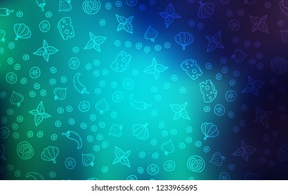 Light Blue, Green vector background with tasty food. Decorative shining illustration with food on abstract template. Doodle design for your business advert of cafes.