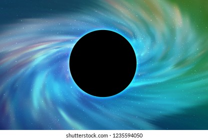 Light Blue, Green vector background with a black hole, sky. Colorful black hole with shining night sky stars. Pattern for posters, banners of sales.
