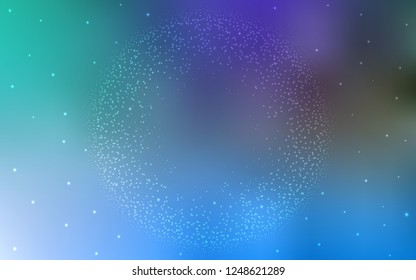 Light Blue, Green vector background with galaxy stars. Shining illustration with sky stars on abstract template. Pattern for futuristic ad, booklets.