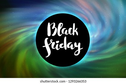 Light Blue, Green vector background with a black hole, sky. Decorative design in space style with a black hole. Backdrop for ads, leaflets of Black Friday.