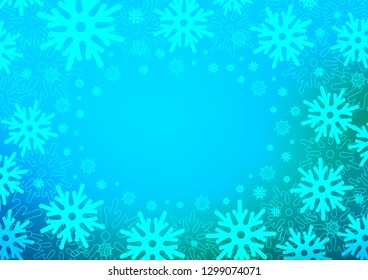 Light Blue, Green vector background with xmas snowflakes. Snow on blurred abstract background with gradient. The pattern can be used for new year leaflets.