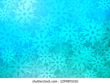 Light Blue, Green vector background with xmas snowflakes. Decorative shining illustration with snow on abstract template. The pattern can be used for new year ad, booklets.