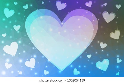 Light Blue, Green vector  background with Shining hearts. Blurred decorative design in doodle style with hearts. Design for ad, poster, banner of Valentine Day.