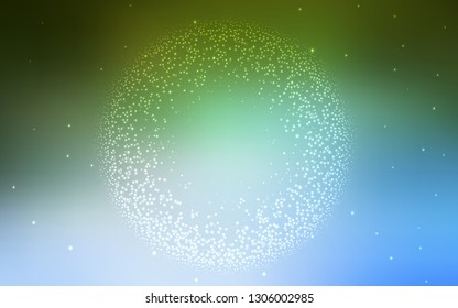 Light Blue, Green vector background with galaxy stars. Shining illustration with sky stars on abstract template. Pattern for futuristic ad, booklets.