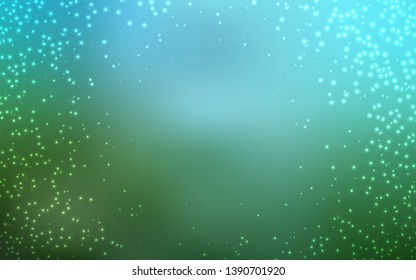 Light Blue, Green vector background with astronomical stars. Glitter abstract illustration with colorful cosmic stars. Template for cosmic backgrounds.