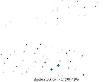 Light Blue, Green vector background with cards signs. Glitter abstract sketch with isolated symbols of playing cards. Smart design for your business advert of casinos.