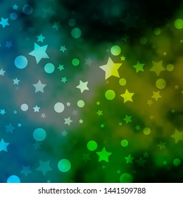 Light Blue, Green vector background with circles, stars. Abstract illustration with colorful spots, stars. Pattern for design of fabric, wallpapers.