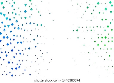 Light Blue, Green vector background with cards signs. Glitter abstract sketch with isolated symbols of playing cards. Pattern for ads of parties, events in Vegas.