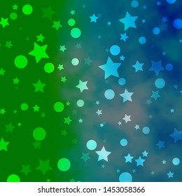 Light Blue, Green vector background with circles, stars. Glitter abstract illustration with colorful drops, stars. Design for wallpaper, fabric makers.